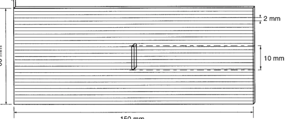 Figure 4. Geometry and dimensions of the center cracked specimen. The crack length is exaggerated for better clarity.