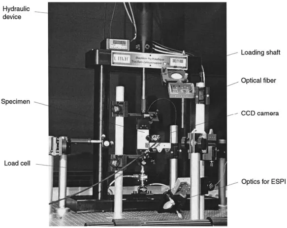 Figure 5. Loading device and some of the ESPI optical elements, supported on a vibration-isolated table