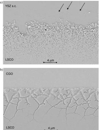 Fig. 5 SEM top view images of etch edges of microstructured LSCO thin films: (a) crack-free LSCO thin film on YSZ s.c