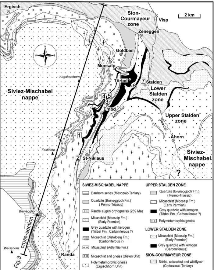 Fig. 2.  Geological map in the Mattertal and saastal modified from thélin (1987). Additional information is from Werenfels (1924), bearth (1978), sartori (1990)  and Marthaler (unpublished)