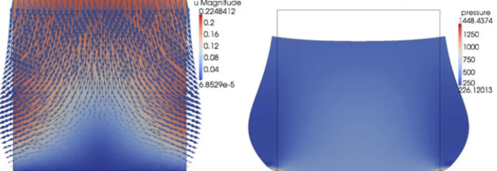 Fig. 3 Test 2: Deformation field on the reference configuration (left) and pressure distribution on the corresponding deformed domain (right)