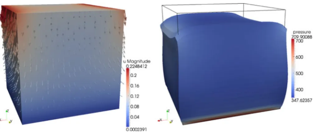 Fig. 4 Test 3: Deformation field on the reference configuration (left) and pressure distribution on the corresponding deformed domain (right)