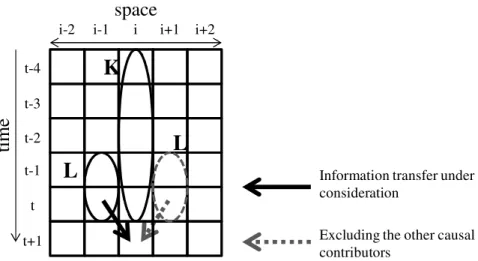 Fig. 1. Schematic showing the local information transfers in a spatiotemporal system. The solid arrow shows the local information transfer from a cell i − 1 to cell i (LATE) at timestep t + 1, where the embedding vector of each state, x L i−1,t or x K i,t 