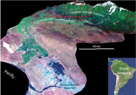 Fig. 3 Three-dimensional overview of the Piura drainage basin, northern Peru. Landsat ETM+7, US Geological Survey (1993–