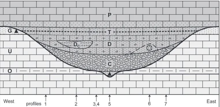 Fig. 6. Simplified, schematic reconstruction of the paleodoline of La Corde in a cross-section, compiled from the profiles 1–7