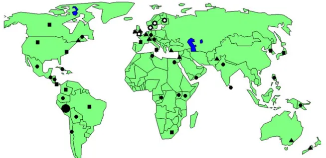 Fig. 1 Countries with a record of Spongospora. ( ● ) possible centre of origin of Sss; ( • ) the disease powdery scab has been recorded; ( ▲ ) long history of powdery scab research; ( ◼ ) powdery scab research started
