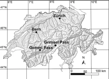 Figure 1. Location of the study sites: Gemmi Pass (calcareous bedrock), Grimsel Pass (siliceous bedrock)