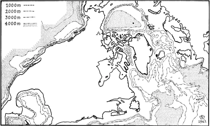Fig. 5 Map of Nordic countries in an oblique Mercator projection showing a great circle running from northern Norway, passing W of Spitzbergen and N of Greenland, to the Amundsen Strait from a