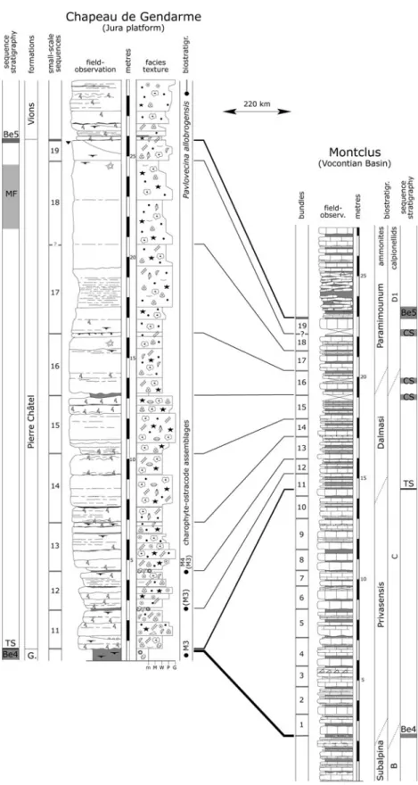 Fig. 5 Sequence-stratigraphic and cyclostratigraphic platform-to- platform-to-basin correlation of the Be4 sequence (G.: Goldberg)