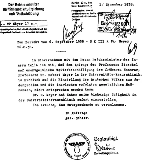 Fig. 1 Facsimile. Letter of dismissal concerning Prof. Robert Meyer, Berlin, 1 December 1938