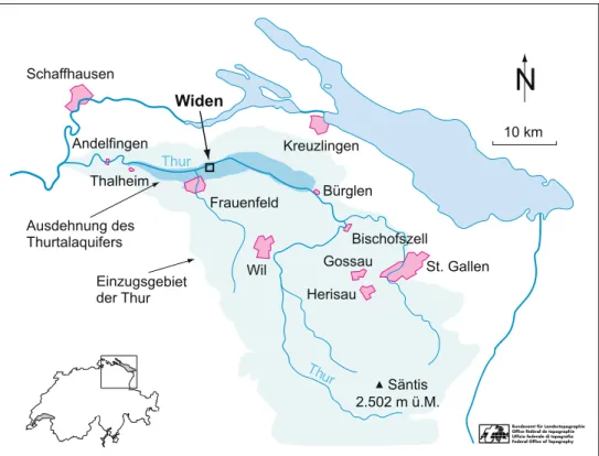 Abb. 1 Einzugsgebiet der Thur mit Ausdehnung des  Thurtal-aquifers und dem Standort des Testfeldes Widen