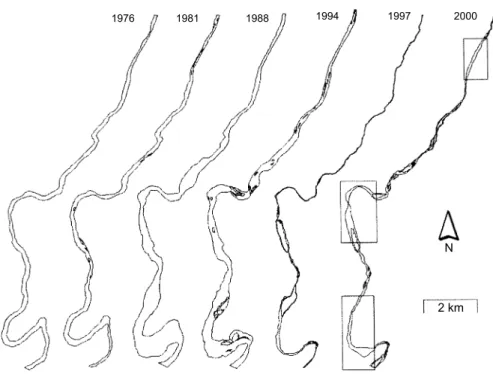 Figure 3. Channel polygons from which the DPM was created. Boxes indicate areas where aerial imagery was unavailable