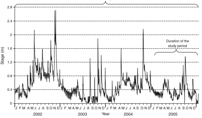Fig. 1 Water level (m; measured at Villuzza) at the study site during the study period (2005) and the model period