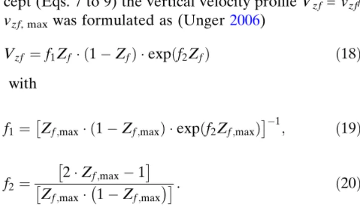 Fig. 10 Temporal means of a z f 0 /h o with (solid line) Eq. 15, b Z f, max with (solid line) Eq