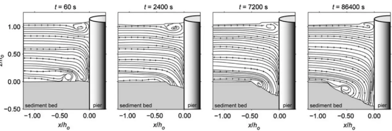 Figure 3 shows in addition the temporal evolution of the scour topography. The scour zone starts at an angle of /  75 for t = 60 s