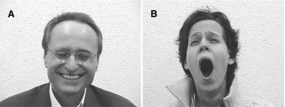 Fig. 1 Two stills of the video stimuli: a laughing and b yawning