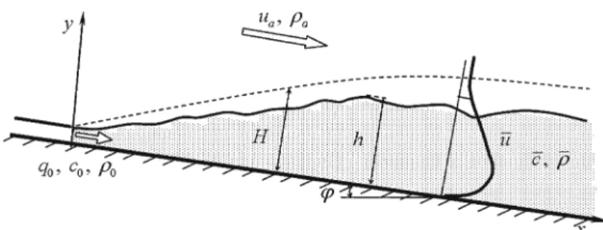 Fig. 1 Definition sketch for a gravity currents emerging from a duct into unstratified and deep water