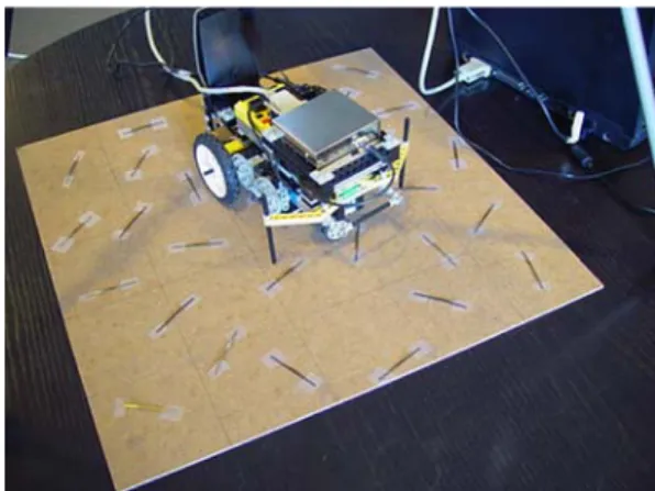 Fig. 5 Bottom view of the model vehicle prototype showing the wheel configuration, front bumper, and the mu-chip antenna