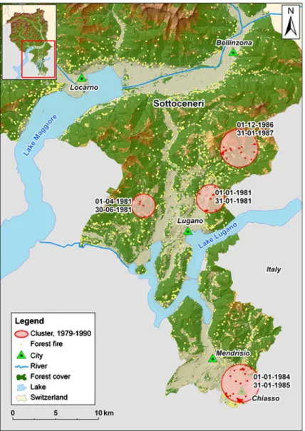 Fig. 6 Clusters of forest fires in canton Ticino in dataset II (1979-1991). STSSP model