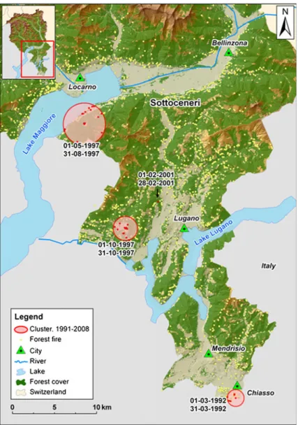 Fig. 7 Clusters of forest fires in canton Ticino in dataset III (1991-2008). STSSP model
