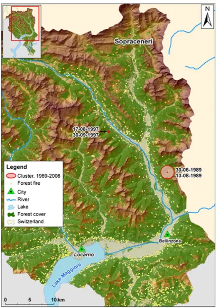 Fig. 8 Clusters of lightning-induced forest fires in canton Ticino in the entire period (1969-2008)