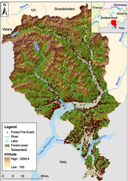 Fig. 1 Forest-fires distribution in Canton Ticino. Dots represent forest fire ignition-points for the period 1969-2008