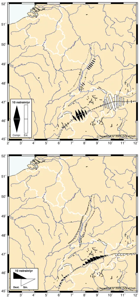 Fig. 5 Normal strain rate components calculated perpendicular to major fault zones. Covariance distance: