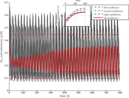 Fig. 8 Synchronization process of a population of 20,000 spatially distributed cells, with the plasmid copy numbers normally distributed with a standard deviation of 15% of their nominal values
