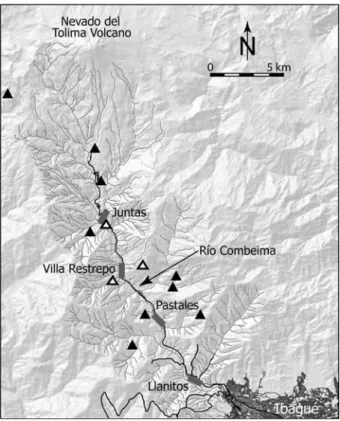 Fig. 1 Map and stream flow system of the Combeima valley.
