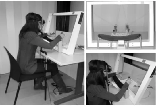 Fig. 1   Experimental setup used  in the experiments. A  cable-driven haptic device (the Da  Vinci simulator) with a large  workspace was used