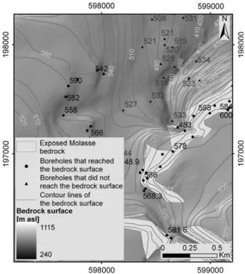 Fig. 2 Example of reconstructed contour lines of bedrock. The contour lines were drawn by hand considering the boreholes that reached the bedrock surface, the contour lines of the bedrock outcrops, the boreholes that did not reach the bedrock surface, and 