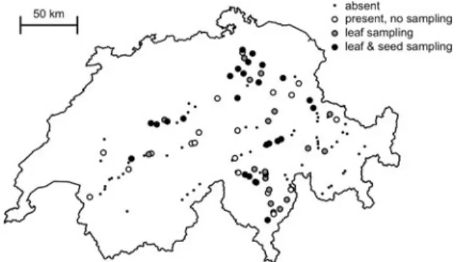 Fig. 1 Spatial distribution of the 124 sites visited during the field surveys in 2004 and in 2005