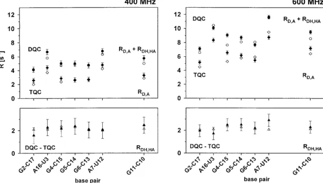 Figure 7. Experimental cross-correlation rates in the RNA of Figure 3 recorded at 296 K and at 400 MHz (left) and at 600 MHz (right): (circles) Combined effects R D,A + R DH,HA from experiment A, (lozenges) pure CSA/CSA relaxation R D,A from experiment B, 