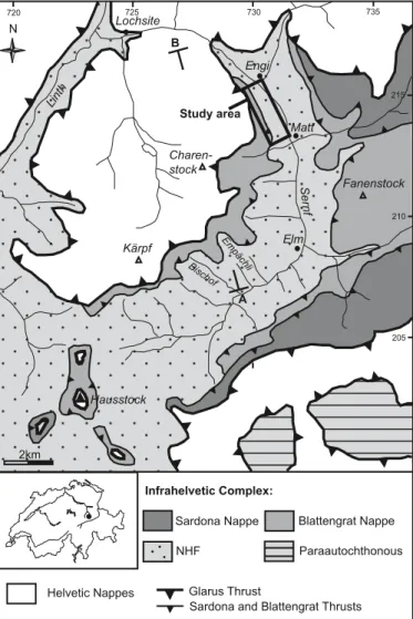 Fig. 1.  tectonic map of the Infrahelvetic complex in the sernft Valley (after  Lihou 1996a)