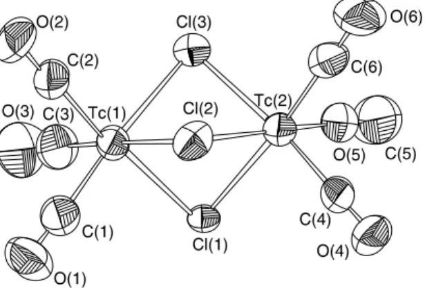 Figure 1. ORTEP presentation of the complex anion [Tc 2 (l-Cl) 3 - -(CO) 6 ] ) (2a). Thermal ellipsoids are drawn on the 30% level.