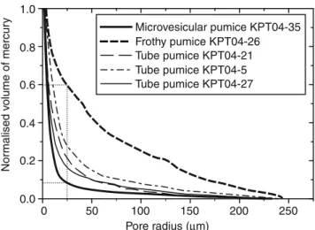 Fig. 7 Pore access radii distributions obtained by Hg-porosimetry for a microvesicular pumice, a frothy pumice and the three tube pumices