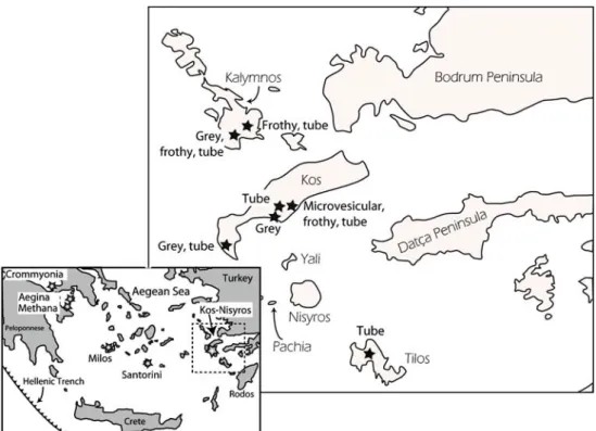 Fig. 1 Map of the Aegean region, showing the main  vol-canic centres of the modern Aegean Arc, and close-up on the Kos-Nisyros area, with  approxi-mate locations (stars) and types of samples used in this study.