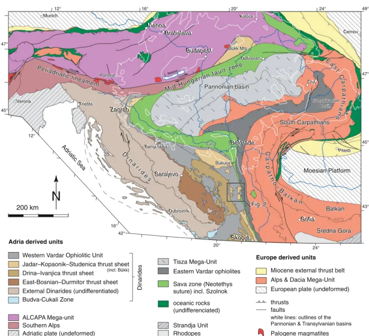 Fig. 1 Tectonic map of the Alps, Carpathians, and Dinarides, modified after Schmid et al