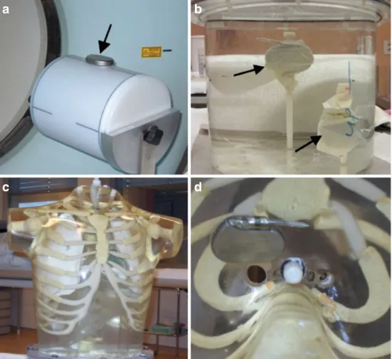 Fig. 1. Photographs of the experimental phantoms used in this study. a Cylindrical Ge-68 phantom where various pacing devices are attached to the outer side of the phantom