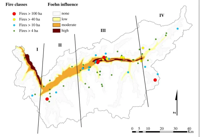 Figure 7. Geographical distribution of fire size classes; regions with foehn occurrence (I and III), and no foehn occurrence (II and IV) according to Boue¨t (1972); areas characterized by an increase in the temperature level due to foehn effects (Schreiber