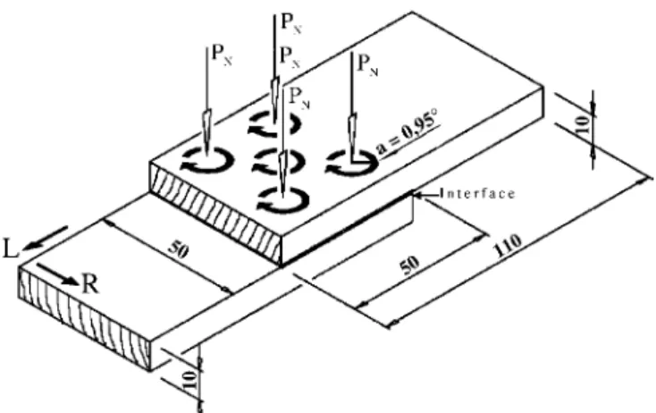 Fig. 1 Dimensions of the specimen with amplitude of circulation a in mm, normal pressure P N , orientation of the annual rings (L = longitudinal  direc-tion, R = radial direction)