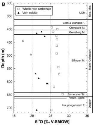 Fig. 9 87 Sr/ 86 Sr of whole rock carbonate, vein calcite and vein celestite versus depth along borehole