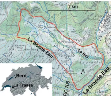 Fig. 1 Location of the La Frasse landslide. Point A refers to the caption of Fig. 5