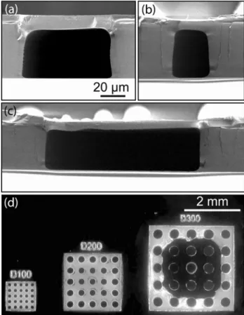 Fig. 5 a–c SEM pictures of cross-sections of different monolithic SU-8 channels fabricated using a SU-8 layer with modified optical properties for the suspended channel top membrane