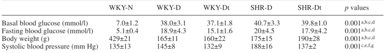 Table 2. Ultrastructural morphometry of capillaries of the retina in normotensive non-diabetic (WKY-N), normotensive diabetic (WKY-D), treated normotensive diabetic (WKY-Dt), hypertensive diabetic (SHR-D) and treated hypertensive diabetic (SHR-Dt) rats