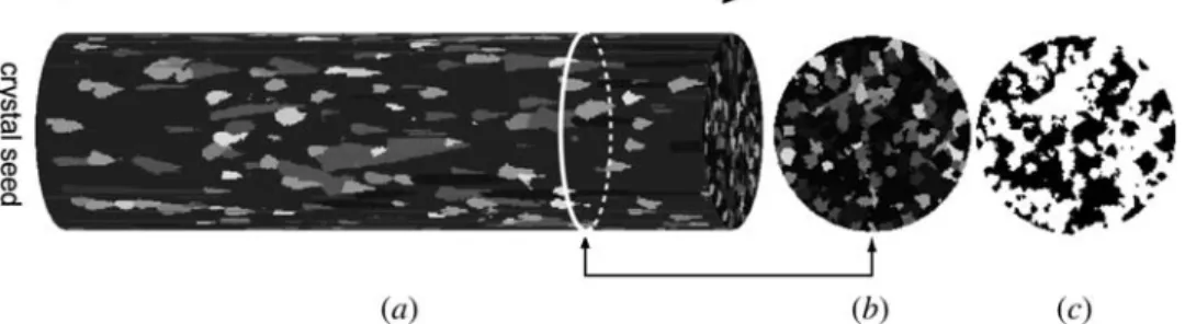 Figure 9 shows the calculated evolution of the epitaxial fraction (Appendix II) as a function of the length of the sample for various substrate orientations deﬁned between the two limiting cases: [100] parallel to the cylinder axis, i.e., c 5 0 deg (top); 