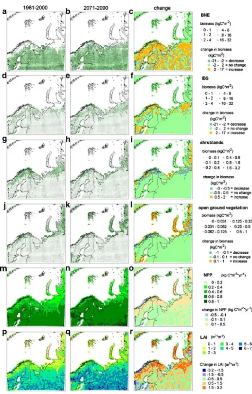 Fig. 3 Change in the occupation of gridcells, presenting occupation in1981 – 2000, 2071 – 2090 and the change between the two periods: a – c boreal needle leave evergreen trees (BNE), d – f shade-intolerant summergreen trees (IBS), g – j shrubs, j – l open