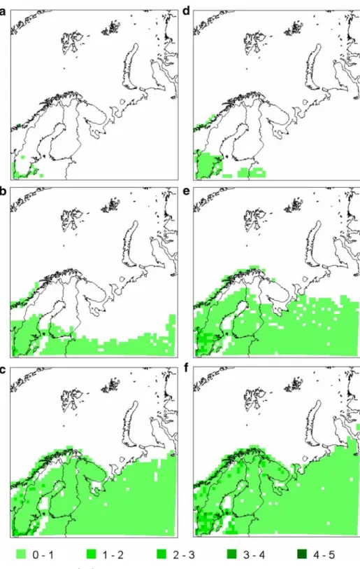 Fig. 5 Average LAI (m 2 m -2 ) of summergreen trees in 1981–2000: a March, b April, c May and 2071–2090: