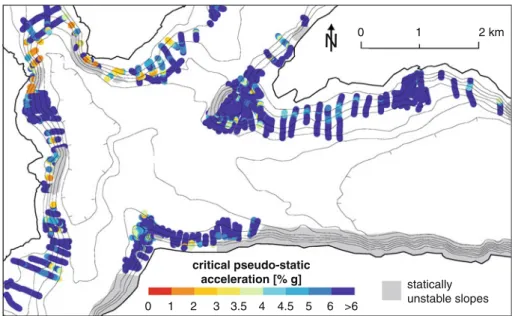 Fig. 7 Present-day slope stability situation showing critical pseudo-static horizontal accelerations to cause subaquatic landslides in Lake Lucerne