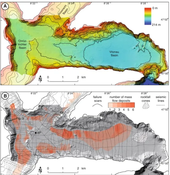 Fig. 2 a Bathymetry and shaded relief map of Chru¨ztrichter, Vitznau and Ku¨ssnacht basins from high-resolution swath bathymetry data (Hilbe et al